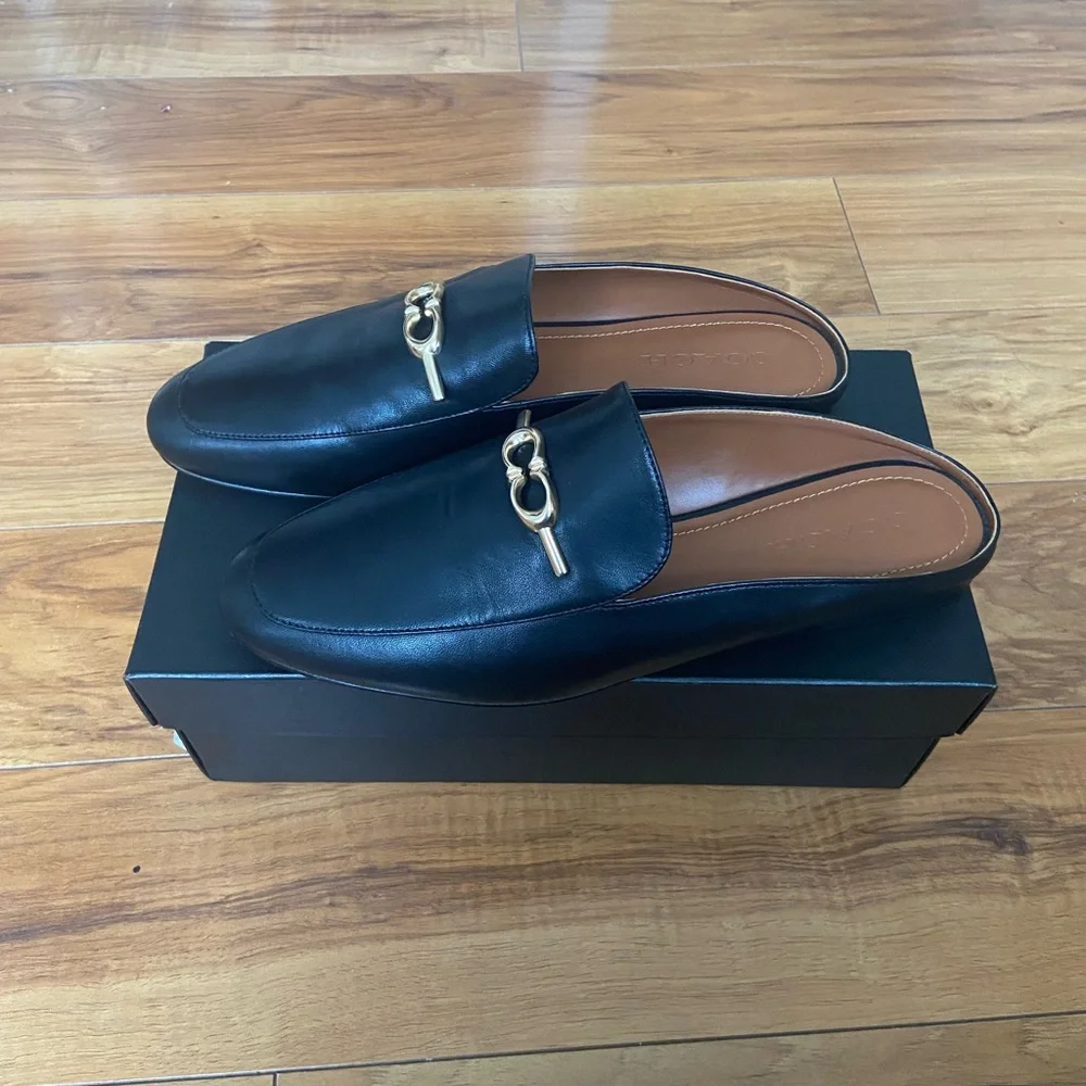 Coach Black Leather Loafer Mules with Gold Accent - Picture 3 of 5